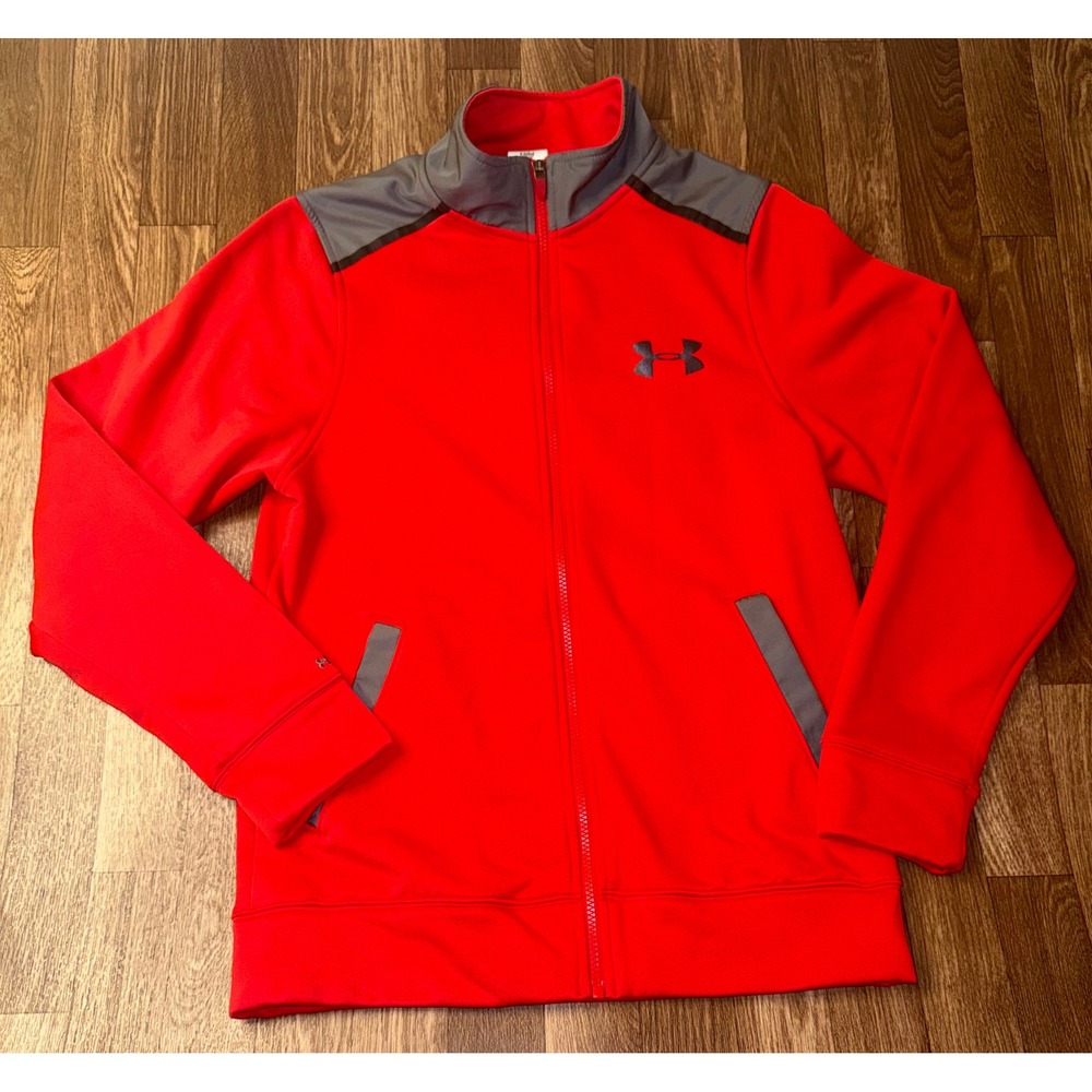 Under Armour ColdGear Red Gray Full Zip Fleece Track Jacket Mens Small 1248331